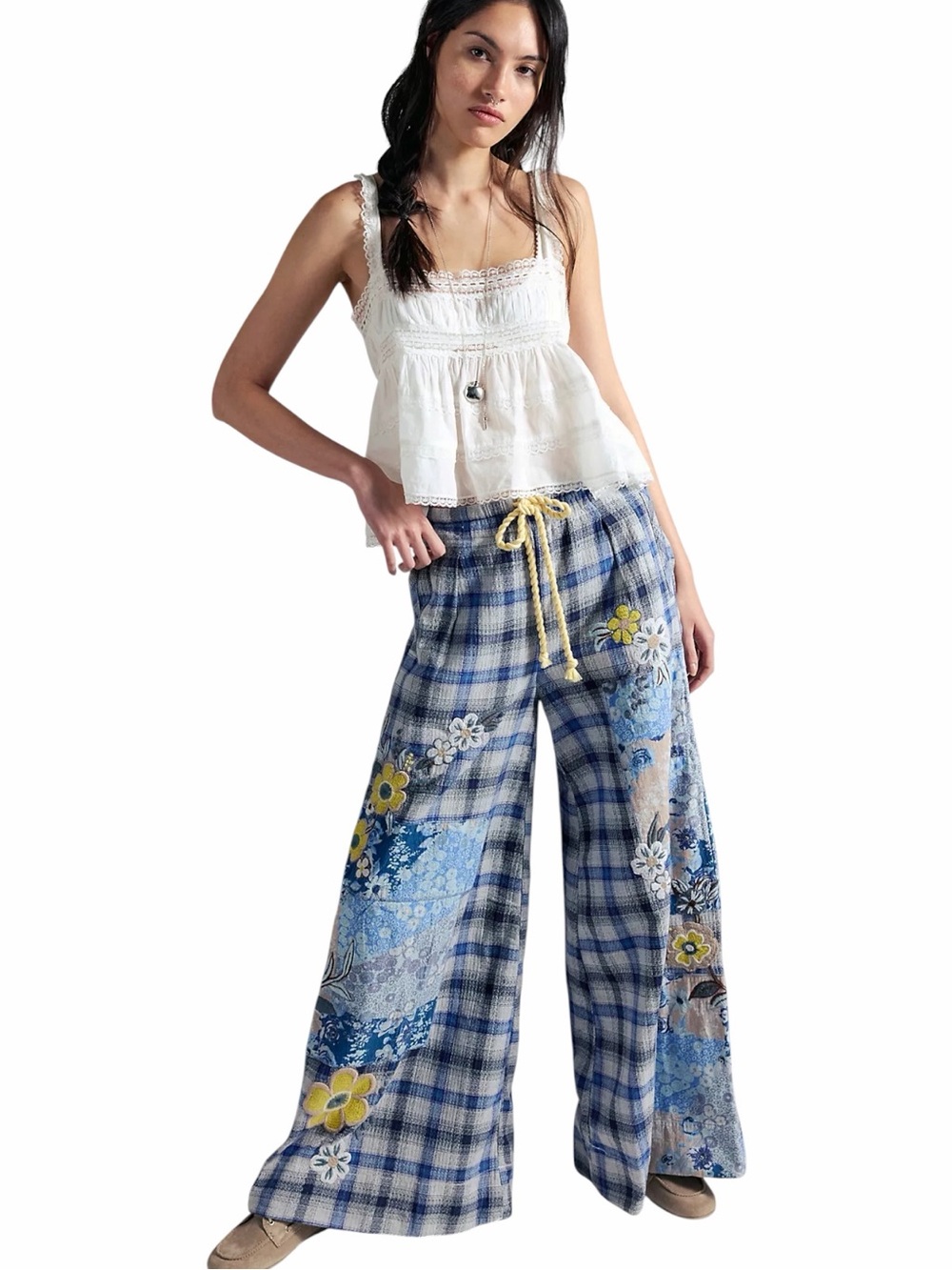🆕FREE PEOPLE | BROOKS EMBROIDERED WIDE-LEG PATCHWORK PANTS | SZ: M | IVORY COMBO